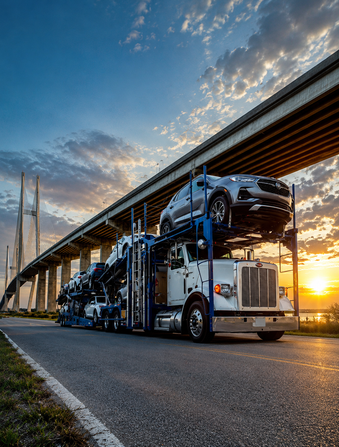 Vehicles loaded on an open auto transport carrier