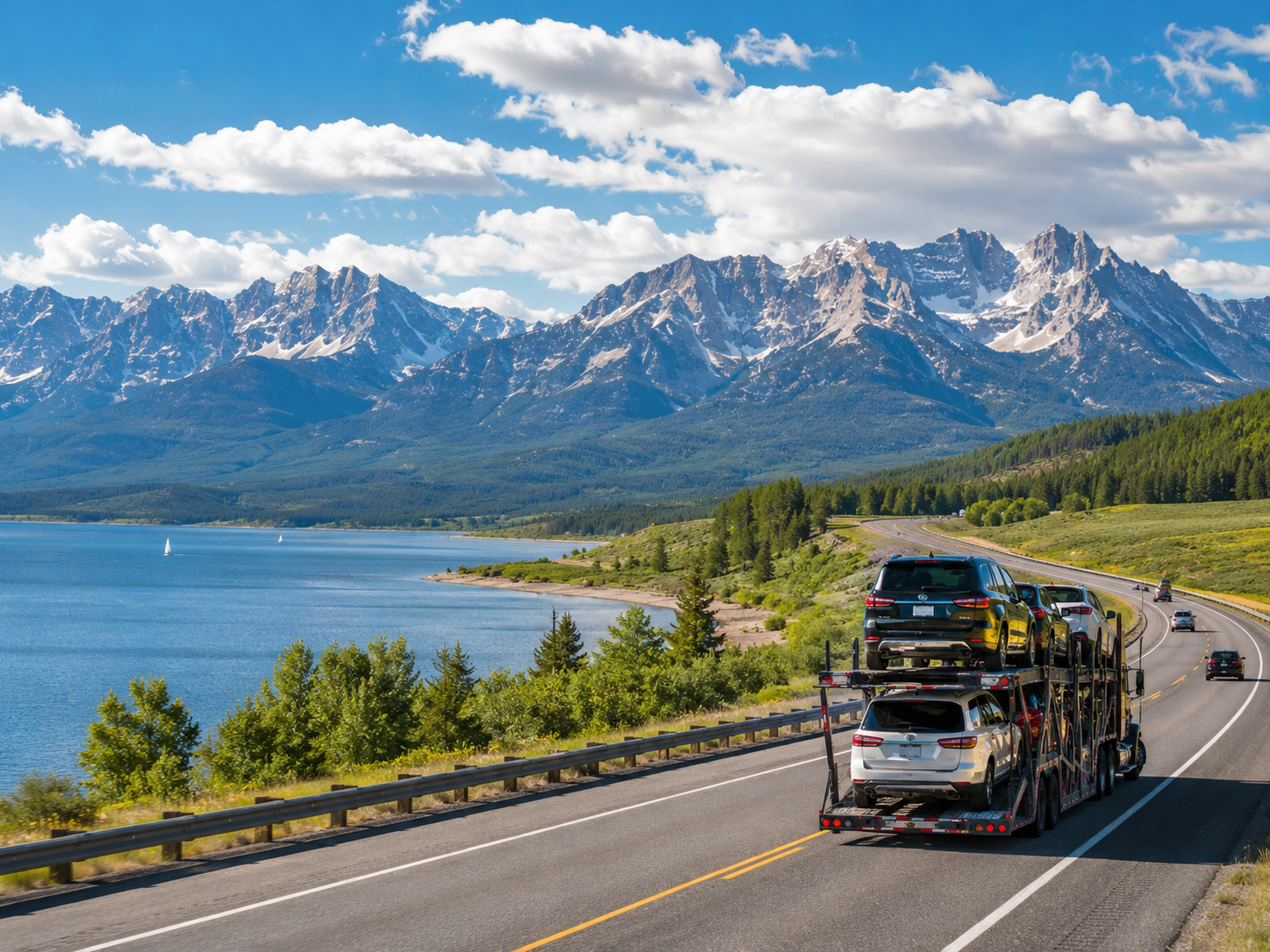 Car carrier truck traveling along a Wyoming highway, with mountains, forests, and a natural landscape in the background.