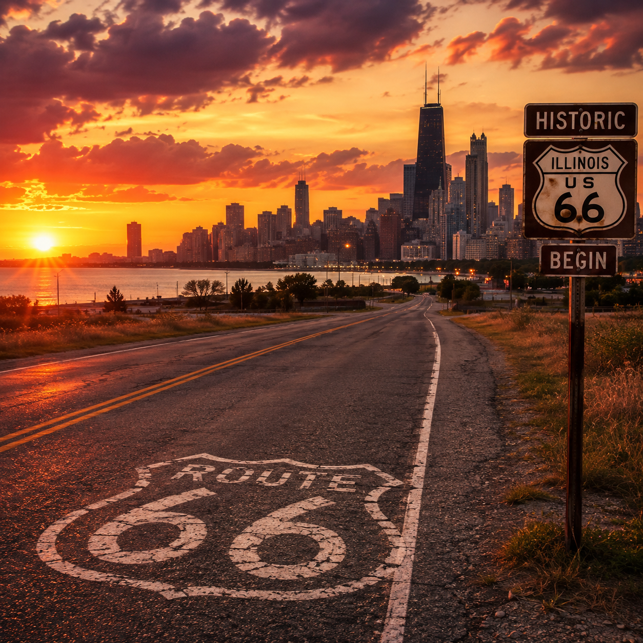 Sunset along Route 66, with Chicago in the distance.