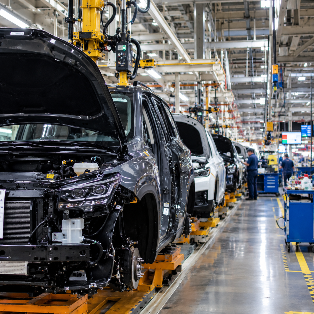 Vehicle assembly line at an automotive manufacturing plant in Kentucky, USA.