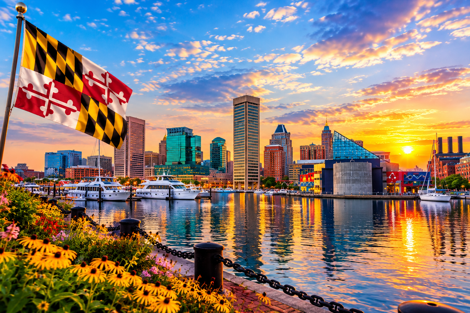 View of Baltimore’s harbor at sunset, featuring the city skyline, boats, and the iconic Maryland flag.