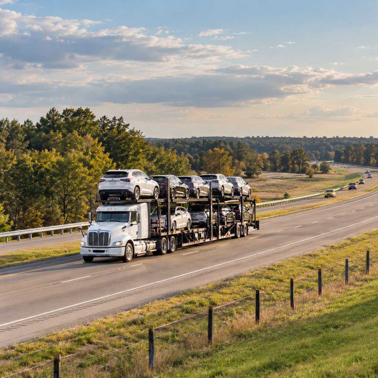 Car carrier truck traveling along an interstate highway in Mississippi.
