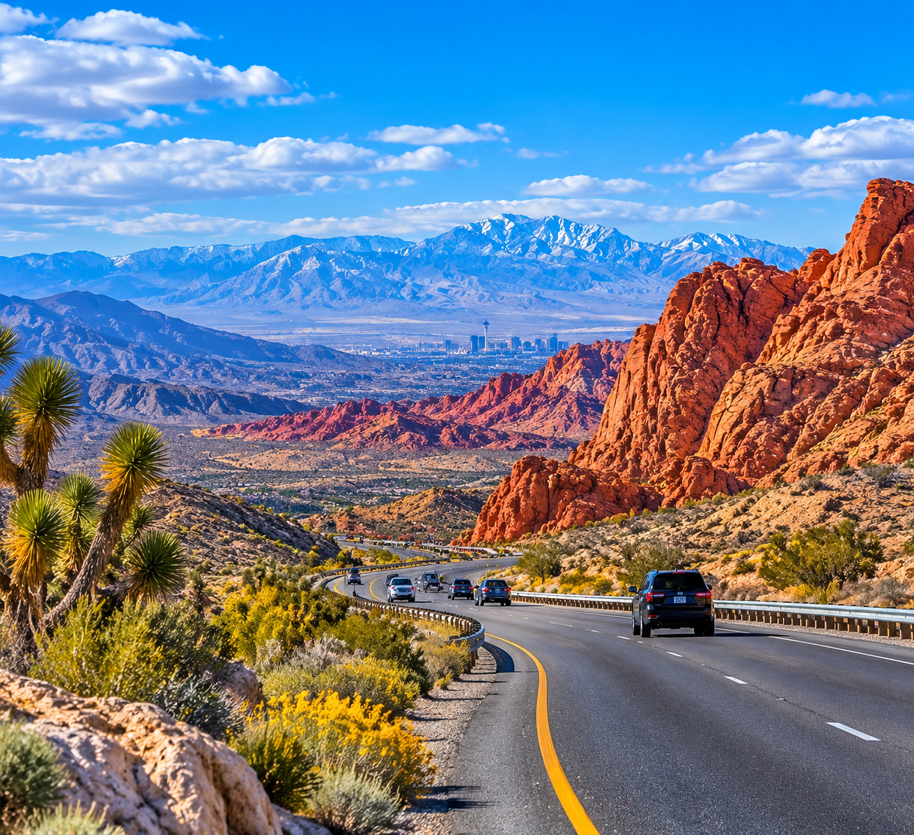 Scenic highway winding through red rock formations, mountains, and Nevada’s desert landscape.