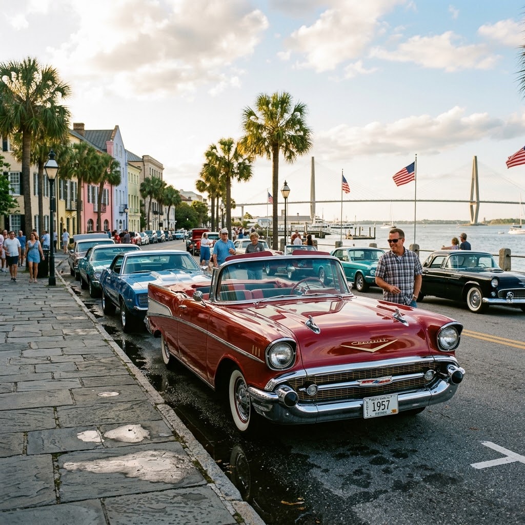 Classic car showcase along Charleston’s historic waterfront in South Carolina, featuring the iconic Arthur Ravenel Jr. Bridge and classic Southern colonial architecture in the back