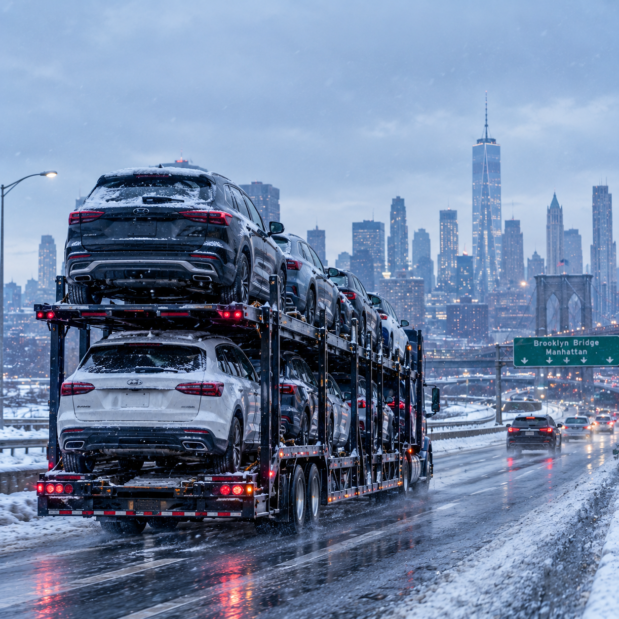 Vehicle transport during the winter in New York, with wet roads and snow.
