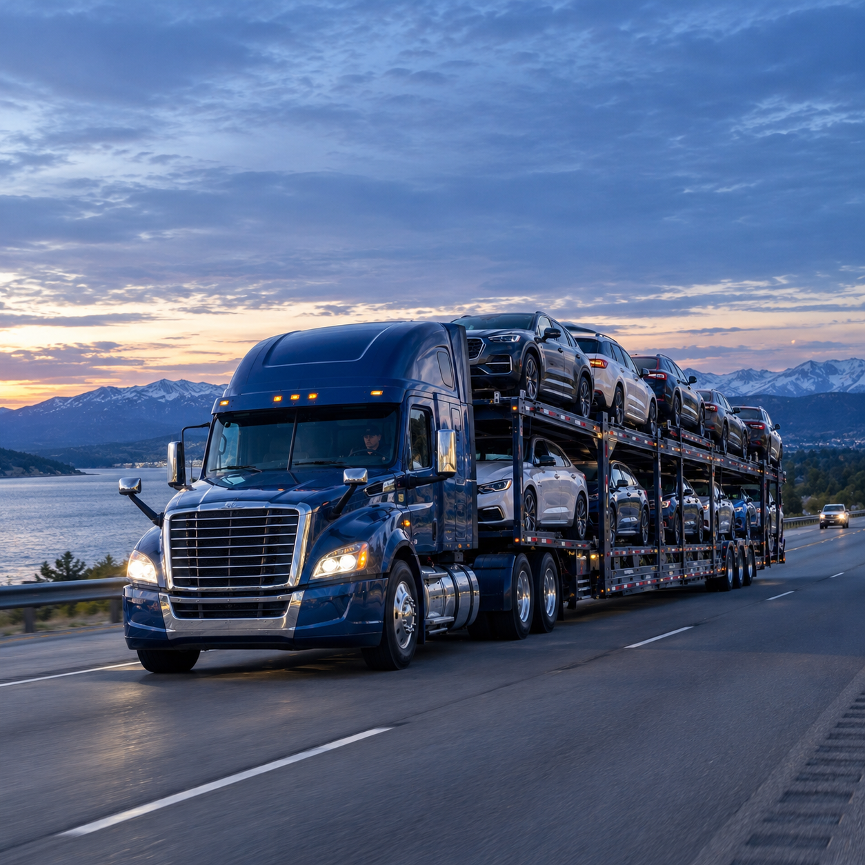 Professional vehicle transport across U.S. interstate highways.